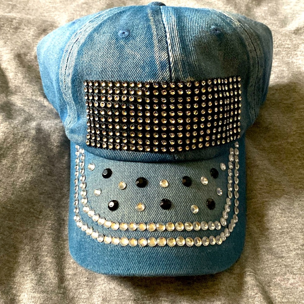 Jean hat with diamond pieces on it. Adults too